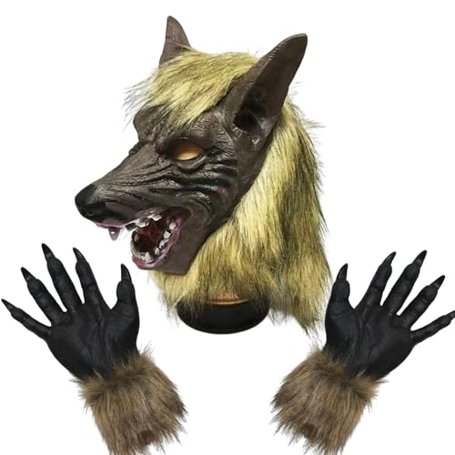 Ycaaeo Werwolf Kostüm,Werwolf Maske Halloween mit Handschuhe,Wolf Maske Outfit,Werwolf Holloween-Horrormaske,Cosplay Halloween Tier Kostüm Party von Ycaaeo