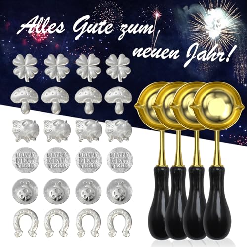 Ycaaeo Zinngießen Set Silvestergießen mit 24 Zinnfiguren 4 Löffel, Zinn Giessen Silvester, Wachsgießen Glücksbringer für Silvester Partyspiele Silvestergießen das Wahrsagerei von Ycaaeo