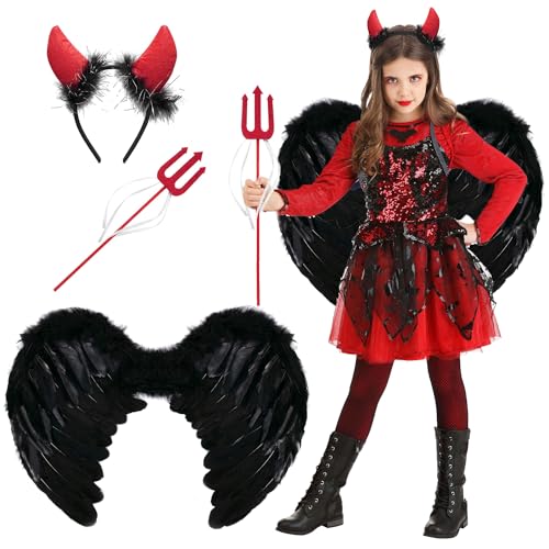 Engels Flügel Kostüm,Engel Kostüm mit Heiligenschein und Zauberstab,Mädchen Engelsflügel,Schwarz Engel Kostüm Damen,Engelsflügel Schwarz,Engel Flügel Kinder für Halloween Karneval Cosplay Party von YeahBoom