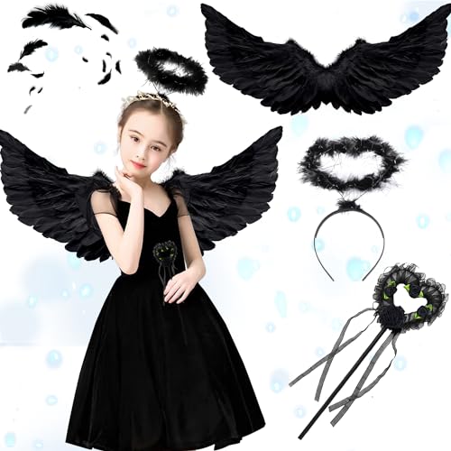 Engels Flügel Kostüm,Engel Kostüm mit Heiligenschein und Zauberstab,Mädchen Engelsflügel,Schwarz Engel Kostüm Damen,Engelsflügel Schwarz,Engel Flügel Kinder für Halloween Karneval Cosplay Party von YeahBoom