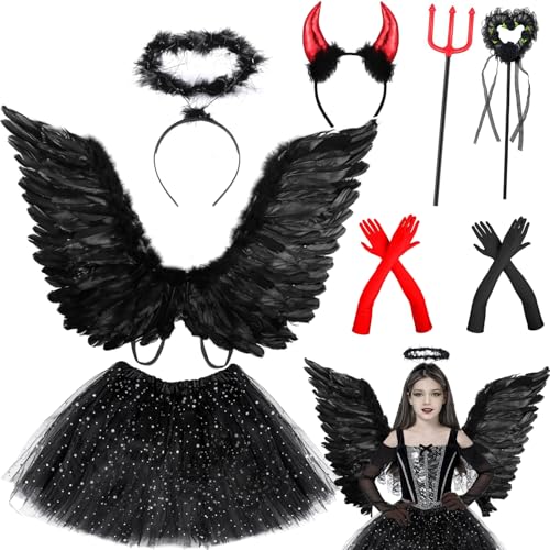 YeahBoom Teufel Kostüm,Teufel und Engel Kostüm,Engels Flügel Kostüm,Schwarzer Engel Kostüm Damen,Tutu Rock Zauberstab Stirnband und Handschuhe Flügel Engel Schwarz für Karneval Kostüm Damen von YeahBoom