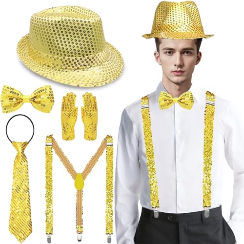 Glitzer Outfit Herren,Glitzer Accessoires Herren,mit Glitzer Fliege und Hosenträger Herren,Pailletten krawatte,Pailletten Herrenhut Handschuhe,für Karneval Fasching Mottoparty, Jazz Dance Performence von YeahBoom