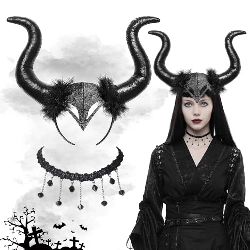 Halloween Königin Hörner,Kopfschmuck Horn Kopfbedeckung mit Gothic Spitze Halskette Devil Horns Cosplay für Halloween Karneval Maskerade,Kinder Dämon Kostüme für Halloween Karneval Fasching Maskerade von YeahBoom