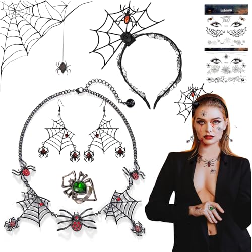 Halloween Spinnen Haarreifen,Spinnen Halskette,Temporäre Tattoos,Spinnen Ohrringe,Spinne Ring,Halloween Haarreifen,Karneval Schmuck Accessoires,Halloween Karneval Party Maskerade Cosplay Dekoration von YeahBoom