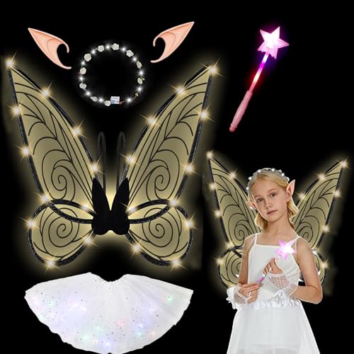 LED Feenflügel Leuchtende,Feenflügel Erwachsene Kinder,Schmetterlingsflügel mit LED Fee Zauberstab und LED Elfenohren Blumenkranz für Weihnachts Geburtstags Karneval Party (Flügel + Weißes Kleid) von YeahBoom