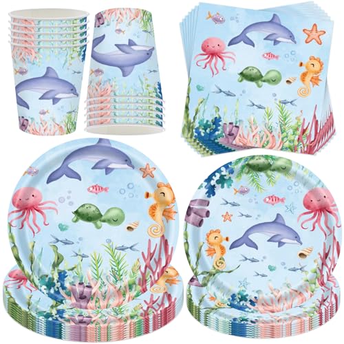 Ozean Partygeschirr Set,50 Stück Partygeschirr Kindergeburtstag,Meerestiere Thema Geburtstag Party,Unterwasser Partyteller,mit Pappteller Becher Servietten,für 10 Gäste Ozean Partygeschirr Set,50 Stück Partygeschirr Kindergeburtstag,Meerestiere Thema Geburtstag Party,Unterwasser Partyteller,mit Pappteller Becher Servietten,für 10 Gäste von YeahBoom