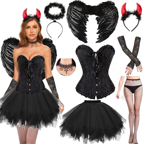 Schwarz Engel Kostüm,Gothic Corsage Korsett und Tüll Rock,Engel und Teufel Flügel Kostüm, Engel Haarreif,Teufel Hörner,Spitzenstrümpfe,Halsketten und Handschuhe,für Halloween Karneval Fasching Party von YeahBoom