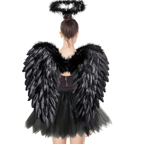 3 Stück Schwarz Engel Kostüm Damen,60cm Engelsflügel Erwachsene mit Heiligenschein,70-110cm Tüllrock Damen,Engelskostüm Damen für Halloween Karneval Cosplay Party Fasching Kostümparty 3 Stück Schwarz Engel Kostüm Damen,60cm Engelsflügel Erwachsene mit Heiligenschein,70-110cm Tüllrock Damen,Engelskostüm Damen für Halloween Karneval Cosplay Party Fasching Kostümparty von YeahBoom