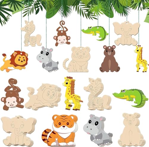 YeahBoom 27 Stück Tier Bastelset Kit,Tier zum Bemalen,Holz Tier Basteln,Tier Holz Deko,Basteln mit Holz für Kinder,Tier holzstücke,farbiger Pinsel,Glitzersticker,für DIY Kinder Malen Dekoration von YeahBoom