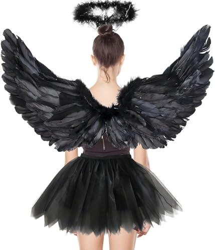 YeahBoom 3 Stück Schwarz Engel Kostüm Damen,80cm Engelsflügel Erwachsene mit Heiligenschein,80-130cm Tüllrock Damen,Engelskostüm für Halloween Karneval Cosplay Party Fasching Kostümparty YeahBoom 3 Stück Schwarz Engel Kostüm Damen,80cm Engelsflügel Erwachsene mit Heiligenschein,80-130cm Tüllrock Damen,Engelskostüm für Halloween Karneval Cosplay Party Fasching Kostümparty von YeahBoom