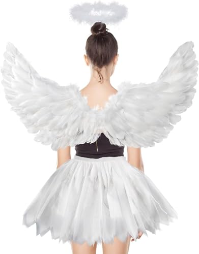 YeahBoom 3 Stück Weiß Engel Kostüm Damen,80cm Engelsflügel Erwachsene mit Heiligenschein,80-130cm Tüllrock Damen,Engelskostüm für Halloween Karneval Cosplay Party Fasching Kostümparty YeahBoom 3 Stück Weiß Engel Kostüm Damen,80cm Engelsflügel Erwachsene mit Heiligenschein,80-130cm Tüllrock Damen,Engelskostüm für Halloween Karneval Cosplay Party Fasching Kostümparty von YeahBoom