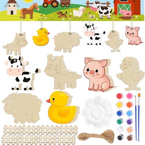 YeahBoom 30 Stück Nutztier Bastelset Kit,Nutztier zum Bemalen,Holz Nutztier Basteln,Nutztier Holz Deko,Basteln mit Holz für Kinder,Nutztier holzstücke,farbiger Pinsel,für DIY Kinder Malen Dekoration von YeahBoom