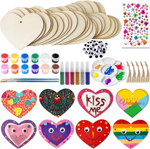 YeahBoom 66 Stück liebevoll Bastelset Kit,Holz liebevoll Basteln,liebevoll Holz Deko,Basteln mit Holz für Kinder,liebevoll holzstücke,farbiger Pinsel,Glitzersticker,für DIY Kinder Malen Dekoration von YeahBoom