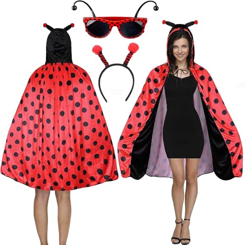 YeahBoom Damen Marienkäfer Kostüm,Lady bug kostüm,Marienkäfer kostüm erwachsene,Marienkäfer Kleidung mit Accessoires,Karneval Rot/Schwarz Umhang Party,Ladybug kostüm erwachsene von YeahBoom