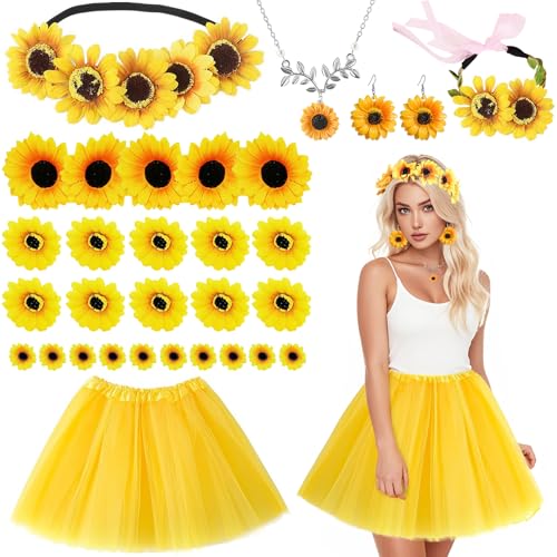 Sonnenblumen Kostüm Damen,Blumen Kostüm Damen,Künstliche Sonnenblumenköpfe,Sonnenblumen Headband,Sonnenblumen Ohrringe,Sonnenblumen Halsketten,Sonnenblumen Blütenköpfe für Karneval Mottoparty Cosplay von YeahBoom