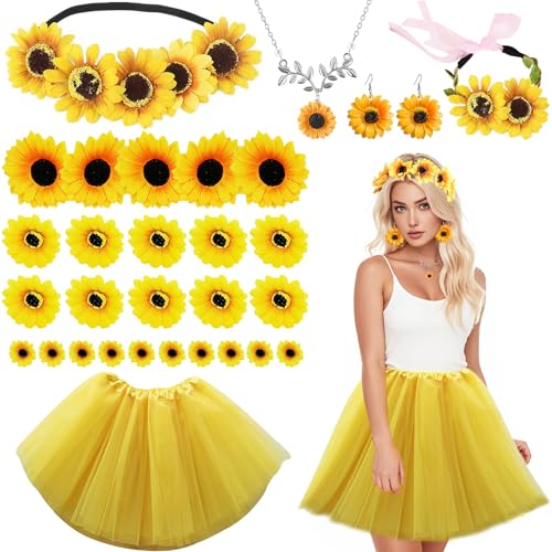 Sonnenblumen Kostüm Damen,Blumen Kostüm Damen,Künstliche Sonnenblumenköpfe,Sonnenblumen Headband,Sonnenblumen Ohrringe,Sonnenblumen Halsketten,Sonnenblumen Blütenköpfe für Karneval Mottoparty Cosplay von YeahBoom