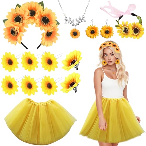 YeahBoom Sonnenblumen Kostüm Damen,Blumen Kostüm Damen,3 Stück Sonnenblumen Headband,Sonnenblumen Ohrringe,Sonnenblumen Halsketten,Sonnenblumen Blütenköpfe für Karneval Mottoparty Cosplay von YeahBoom