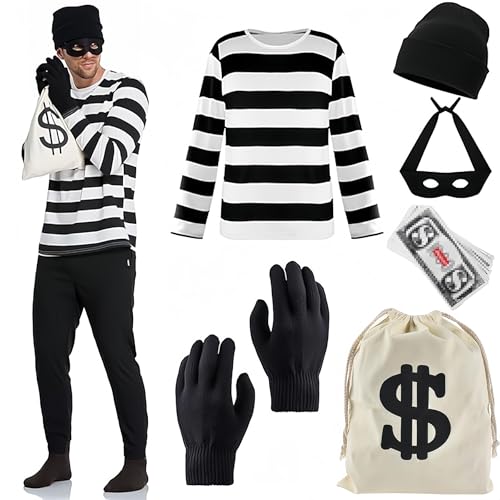 YeahBoom Kostümset für Räuber für Erwachsene,Kostüm Dieb,Erwachsene Räuber Kostüm Set,Karneval Kostüm mit T-Shirt,Handschuhen,Taschen und Augenmaske,Banknoten,Hut,Socken für Karneval Halloween Kostüm von YeahBoom