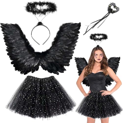 Teufel Kostüm,4 Stück 68CM Engelsflügel Kostüm,Halloween Kostüm Damen,Engelsflügel kostüm Damen,Angel Wings für Kinder,Tutu-Rock, Engel Flüge, Heiligenschein von YeahBoom