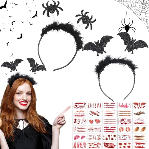 2 Stück Halloween Haarreif,Halloween Haarreif Spinne,Fledermaus Haarreif,30 Stück Halloween Narbe Tattoos,Halloween Haarschmuck für Halloween Party Kinder Erwachsene Schminke Fasching Cosplay von YeahBoom