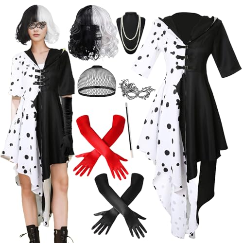 Cruella Kostüm Damen,Halloween Damen Kostüm Set mit Cruella KleidPerücke,Kurze Schwarze und weiße Perücke,Haarnetz,Handschuhe,Augenschirm,Kostüm Halter,Perlenketten für Halloween Karneval Kostüm Damen von YeahBoom