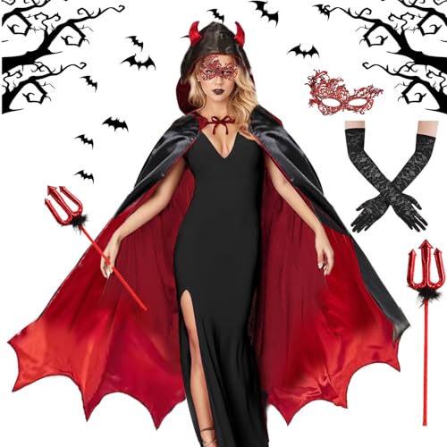 Halloween Teufel Kostüm Damen,Schwarz Rot Doppelseitiger Umhang mit Kapuze mit Teufelsgabel,Spitzenaugenklappe,Spitzenhandschuhen,Halloween Kostüm Damen Vampir Umhang für Karneval Halloween Cosplay von YeahBoom