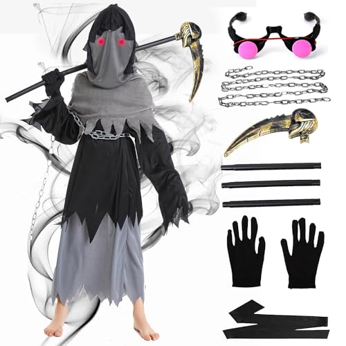 YeahBoom Halloween Sensenmann Kostüm für Kinder Jungen,Halloween Kostüm Set mit Sicheln,Schädelmaske, Geisterhandschuhe,leuchtende Gläser,Tod Kostüm Set,Halloween Sensenmann Cosplay Set für Cosplay von YeahBoom