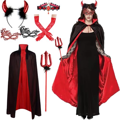 Teufel Kostüm Damen, Doppelseitig Vampir Umhang Set, Vampir Umhang Erwachsene 150Cm,Teufelsgabel,Teufelswinkel,Spitzenaugenklappe,Handschuhen,Halskette, für Karneval Masquerade, Halloween, Cosplay von YeahBoom