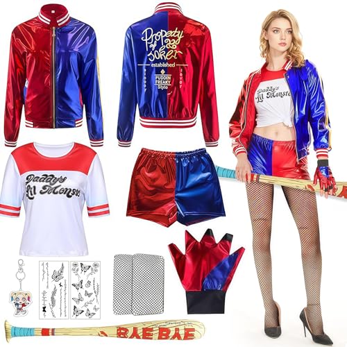 YeahBoom Quinn Cosplay Kostüme,Mädchen Bösewicht Kostüm Kit enthalten Jacke T-Shirt,Shorts und Handschuh Ballon Stick,Strümpfe Bundlefor Karneval Cosplay von YeahBoom