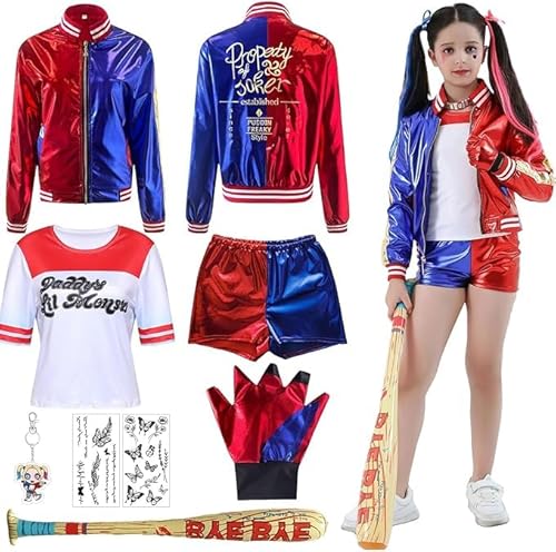 YeahBoom Harley Quinn Kostüm Damen,Harley Quinn Kostüm Kinder,Mädchen Bösewicht Kostüm Kit enthalten Jacke T-Shirt,Shorts und Handschuh Ballon Stick,Strümpfe Bundlefor Karneval Cosplay von YeahBoom