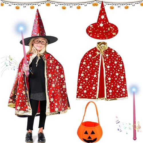 Kinder Halloween Umhange, Hexe Zauberer Umhang mit Hut, Kürbis Candy Bag, Zauberstab, Witch Umhang Kinder, Halloween Hexe Umhang, für Halloween-Kostümpartys, Cosplay, Bühnenauftritte, Kostümzubehör von YeahBoom