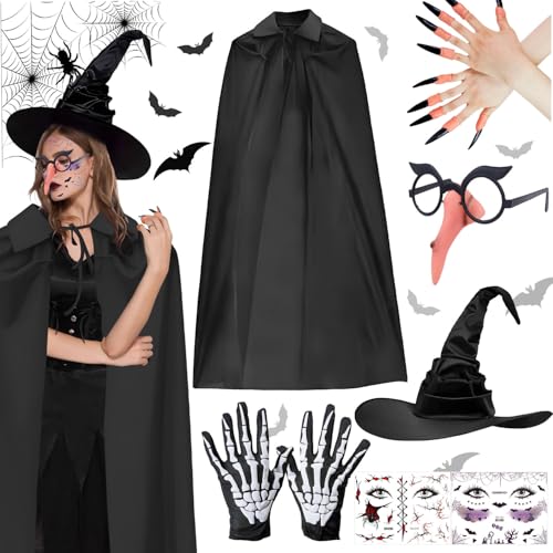 Hexenkostüm Damen Halloween,Hexenumhang Hexenhut Damen,Unisex Umhang mit Kapuze, Hexen Silikon Nase,Hexehandschuhe,Hexennägel und Halloween Gesichtsaufkleber, für Halloween Cosplay Maskerade Zubehör von YeahBoom