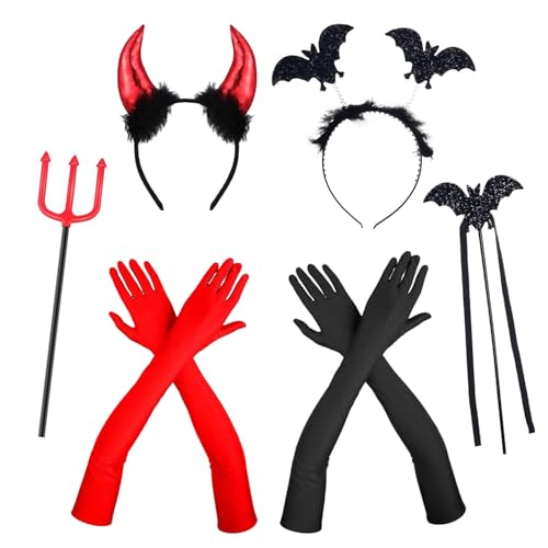 YeahBoom Teufel kostüm Damen Mädchen, Teufel Ohren Haarband Haarreifen, Handschuhe, Teufelshörner Haarreif Fasching, Damen Kinder Faschingkostüme Karneval Mottoparty Halloween von YeahBoom