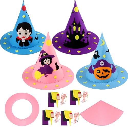 YeahBoom 4 Stück Halloween Hexenhut, Halloween Partyhut, Filz Bastelset für Deko, Diy Bastelset Kinder, Hexenhut für Kinder, Kostüm Cosplay Hexenhut Dekoration für Kinder Gastgeschenke von YeahBoom