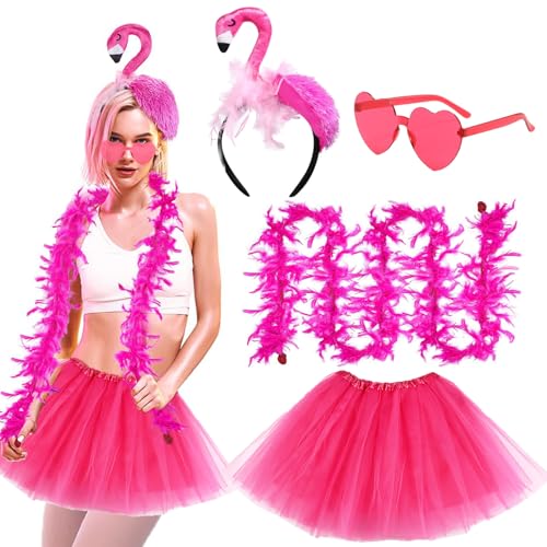 Damen Flamingo Kostüm,4 Stück Flamingo Haarreif, Rosa Tüllrock Tutu Rock, Federschal Federboa, Herz-Sonnenbrillen, Tropischer Haarreifen Kostüm für Hawaii Party Karneval Fasching Sommer Party von YeahBoom