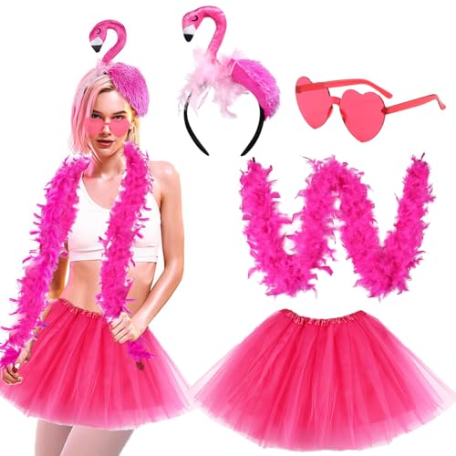 Damen Flamingo Kostüm,4 Stück Flamingo Haarreif, Rosa Tüllrock Tutu Rock, Federschal Federboa, Herz-Sonnenbrillen, Tropischer Haarreifen Kostüm für Hawaii Party Karneval Fasching Sommer Party von YeahBoom