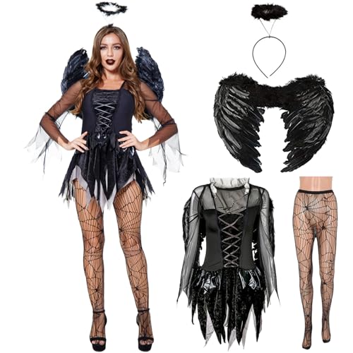 Schwarz Teufel Kostüm, Schwarz Engelsflügel und Heiligenschein, Schwarze Gefallenen Engel Teufel Kleid, Halloween Frauen Kostüme, Vampire Kostüm Erwachsene für Halloween, Karneval, Cosplay und Party von YeahBoom