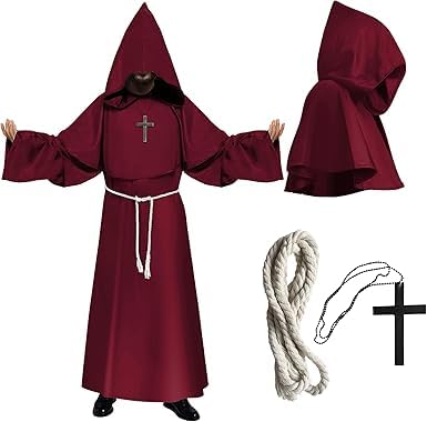 YeahBoom Priester Mönch Gewand Kostüm,Halloween Mönch Robe,Mönch Priester Gewand,Mönch Kostüm Robe,Herren Cosplay Mönchskostüm,Mittelalter Renaissance Hooded Mönch Kostüm,mit Kreuzanhänger und Gürtel von YeahBoom