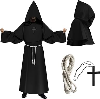 YeahBoom Priester Mönch Gewand Kostüm,Halloween Mönch Robe,Mönch Priester Gewand,Mönch Kostüm Robe,Herren Cosplay Mönchskostüm,Mittelalter Renaissance Hooded Mönch Kostüm,mit Kreuzanhänger und Gürtel von YeahBoom