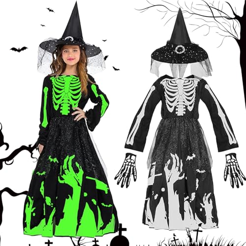 YeahBoom Hexenkostüm Mädchen, Halloween Kostüm Kinder mit Hexenhut, Skelett-Verkleidung für Mädchen, Skelett-Prinzessin-Kostüm, Hexenkostüm Vampir Kostüm Kind Hexenkostüm für Karnevals Cosplay von YeahBoom