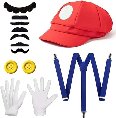 YeahBoom Rot und Grün Hüte,Kappen Schnurrbärte Handschuhe Knöpfe Hosenträger,Klempner Brüder Kostüm mit Bodysuit,Kostüm Kinder,Mütze Set,Karneval Halloween Cosplay Kostüm Dekoration für Junge von YeahBoom