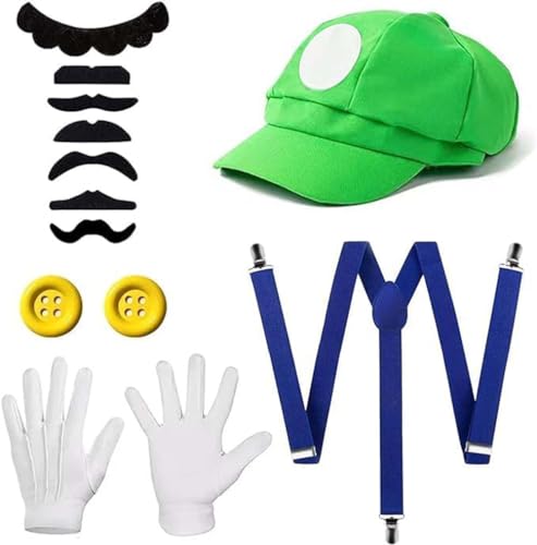 YeahBoom Rot und Grün Hüte,Kappen Schnurrbärte Handschuhe Knöpfe Hosenträger,Klempner Brüder Kostüm mit Bodysuit,Kostüm Kinder,Mütze Set,Karneval Halloween Cosplay Kostüm Dekoration für Junge von YeahBoom