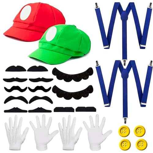 YeahBoom Rot und Grün Hüte,Kappen Schnurrbärte Handschuhe Knöpfe Hosenträger,Klempner Brüder Kostüm mit Bodysuit,Kostüm Kinder,Mütze Set,Karneval Halloween Cosplay Kostüm Dekoration für Junge von YeahBoom