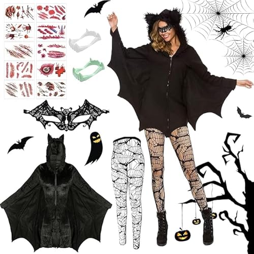 YeahBoom Set Damen Schwarz Fledermaus,Fledermaus Kostüm Damen,Halloween Kostüm Frauen Fledermaus,Faschingskostüme Damen Fledermaus,Schwarz Fledermaus Overall mit Kapuze,Maske Netzstrümpfe Haarband von YeahBoom