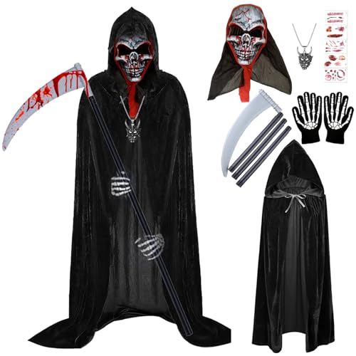 YeahBoom Halloween Sensenmann Kostüm Set,Umhang mit Kapuze Cape,mit Schädel Kopfmaske und Sense,Skelett Handschuhe,Halskette,Halloween Tattoos Narben,Sensenmann Umhang für Halloween,Cosplay,Karneval von YeahBoom