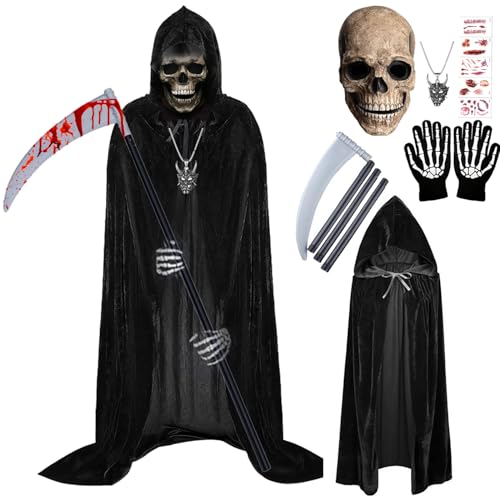 YeahBoom Halloween Sensenmann Kostüm Set,Umhang mit Kapuze Cape,mit Schädel Kopfmaske und Sense,Skelett Handschuhe,Halskette,Halloween Tattoos Narben,Sensenmann Umhang für Halloween,Cosplay,Karneval von YeahBoom