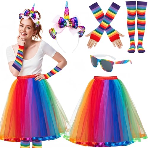 YeahBoom Regenbogen Tüllrock,Regenbogen Rock Tüll,Karneval Kostüm Damen,Tüllrock Damen,Einhorn Stirnband,Regenbogen Kniestrümpfe,Fingerlose Handschuhe,Retro Brille für Karneval,Fasching,Mottoparty von YeahBoom