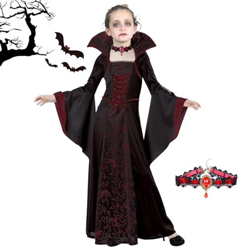 Vampir Kostüm Mädchen,Kinderkostüm Vampirin Kleid mit Halskette,Vampir Prinzessin Kostüm,Halloween Kostüm Vampir,Halloween Kostüme Kinder,Gothic Vampirkostüm für Halloween, Rollenspiel, Karneval von YeahBoom