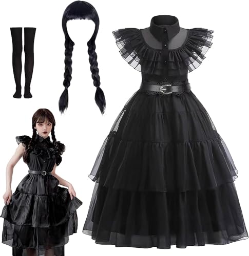 YeahBoom Wednesday Kostüm Kleid für Mädchen,Wednesday Kleid für Kinder,Mittwoch Kostüm Mädchenkleid,Mittwoch Familie Kostüm Kleider,Wednesday Family Thing Kostüm,für Cosplay Halloween Karneval Party von YeahBoom