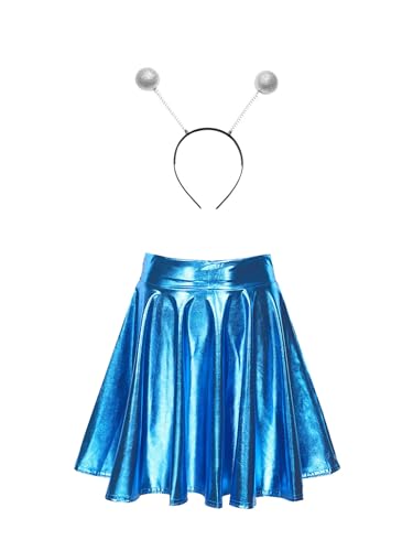 Yeahdor Damen Alien Kostüm Set Metallic Faltenrock mit Alien Stirnband Hohe Taille Minirock Astronautin Space Girl Cosplay Mottoparty Blau L von Yeahdor